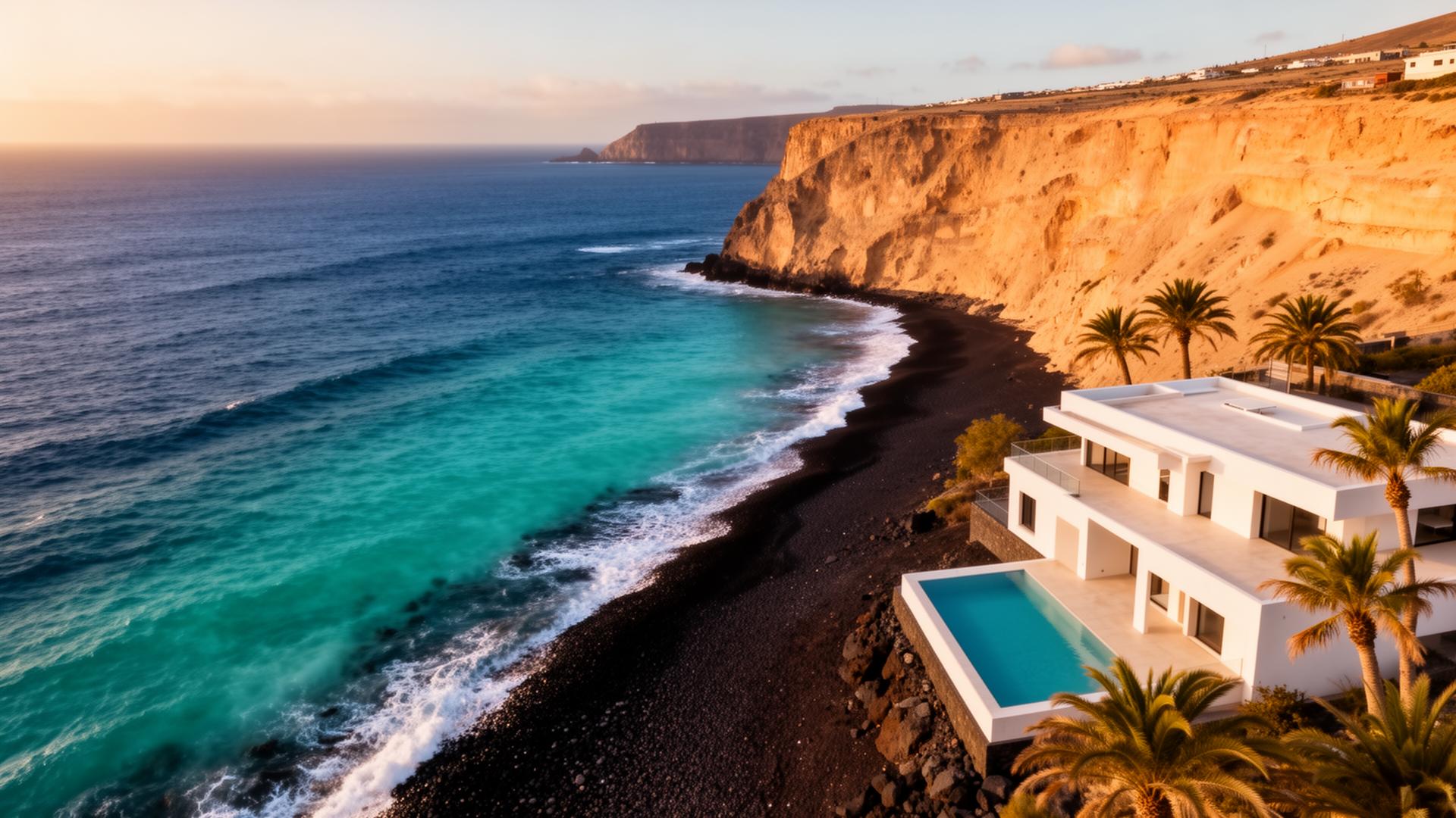 Costa delle Isole Canarie al tramonto con oceano turchese e villa moderna