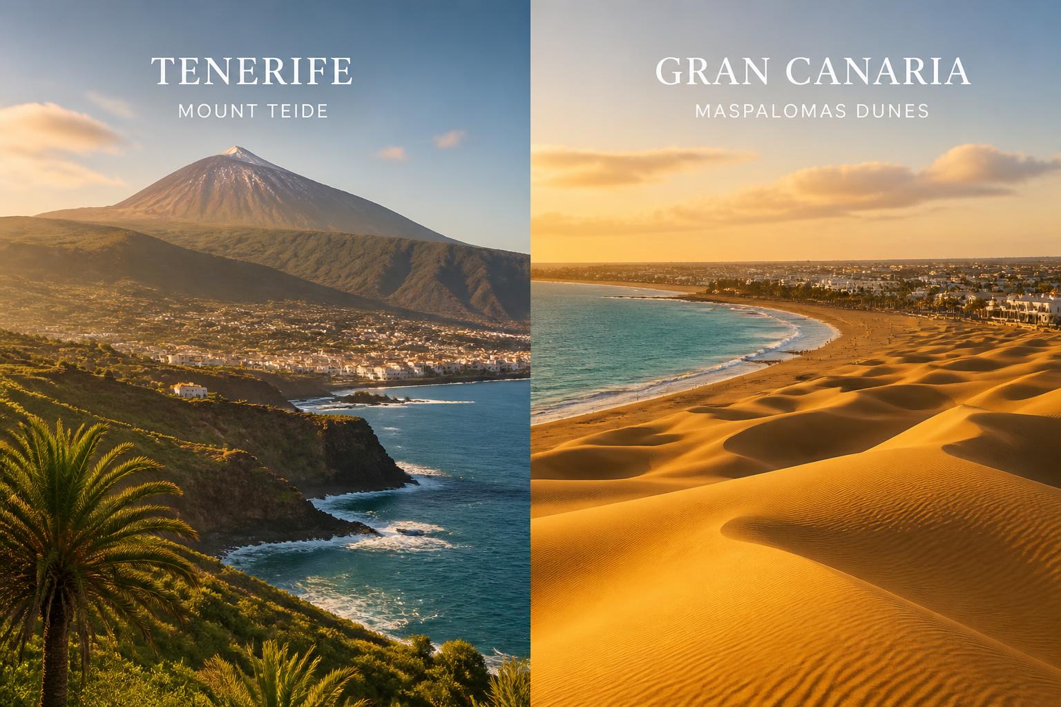 Confronto visivo tra Tenerife (Teide) e Gran Canaria (dune di Maspalomas)